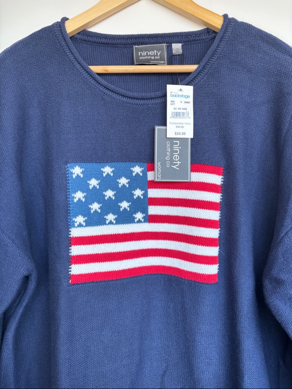 ninety Clothing Co. Women's Navy Crewneck Sweater with Flag Motif